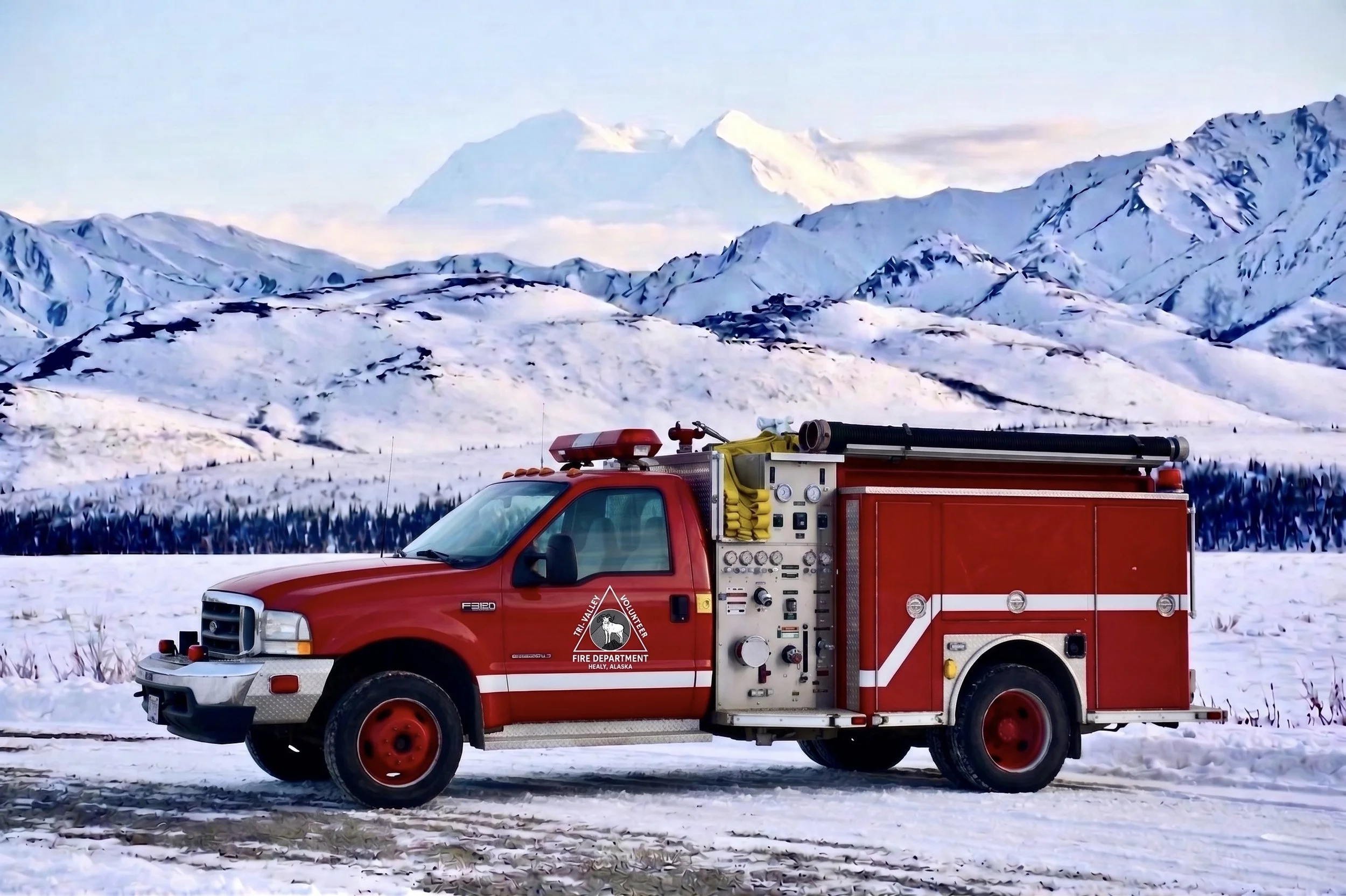 A red fire truck with firefighting equipment on its side parked in a snowy landscape with snow-covered mountains and a clear sky in the background.