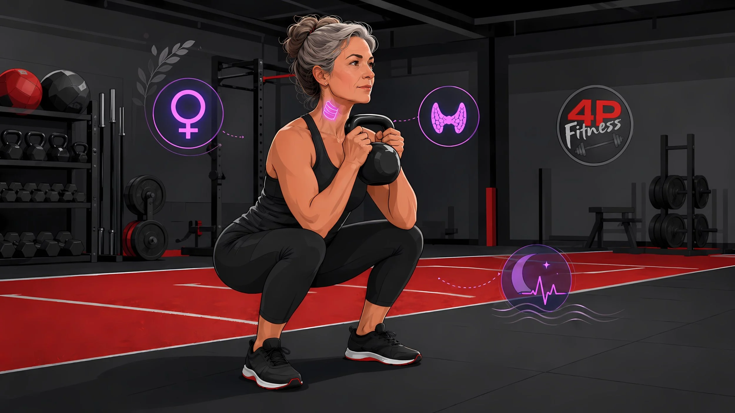 Image of a middle aged woman doing goblet squats at the 4P Fitness gym