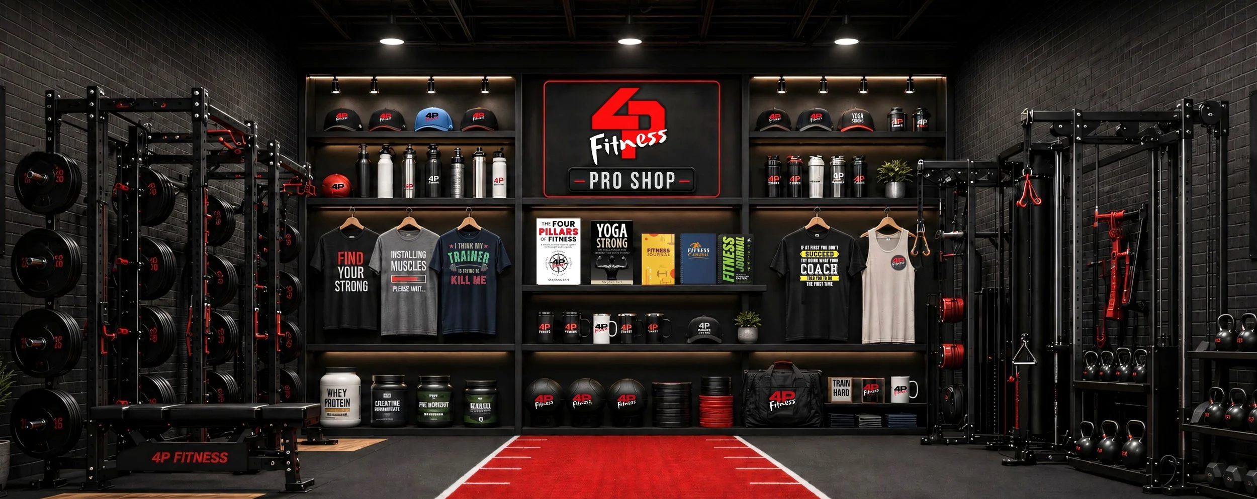 A mockup of the 4P Fitness gym with the 4P Fitness Pro Shop at the end.  The Pro Shop features health and fitness gear such as T-shirts, tank tops, fitness journals, water bottles, coffee mugs, and books about fitness written by Stephan Earl.