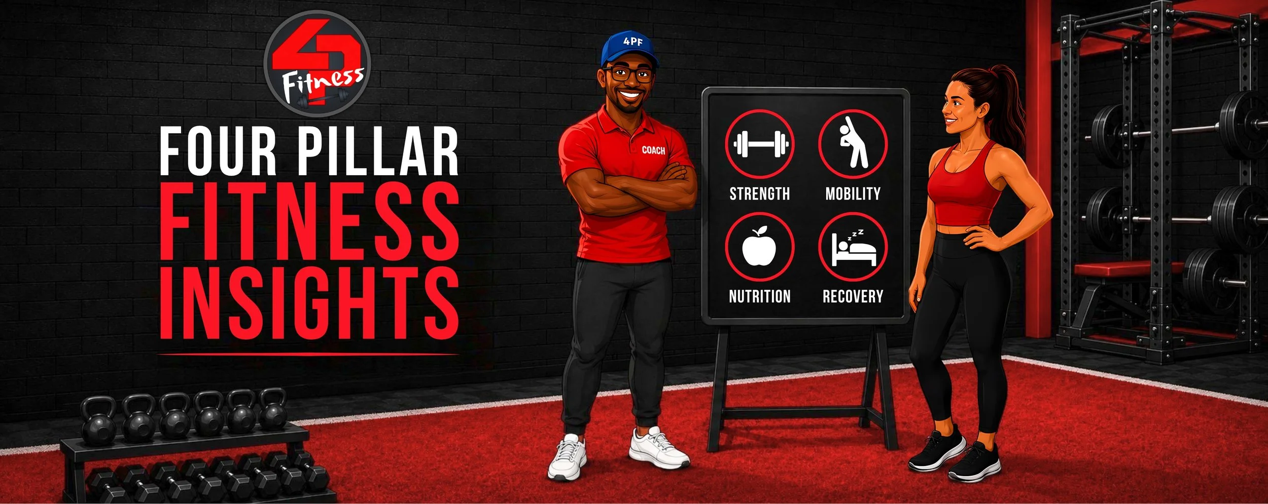 Four Pillar Fitness Insights Banner featuring a 2D illustration of Strength Coach  Stephan Earl