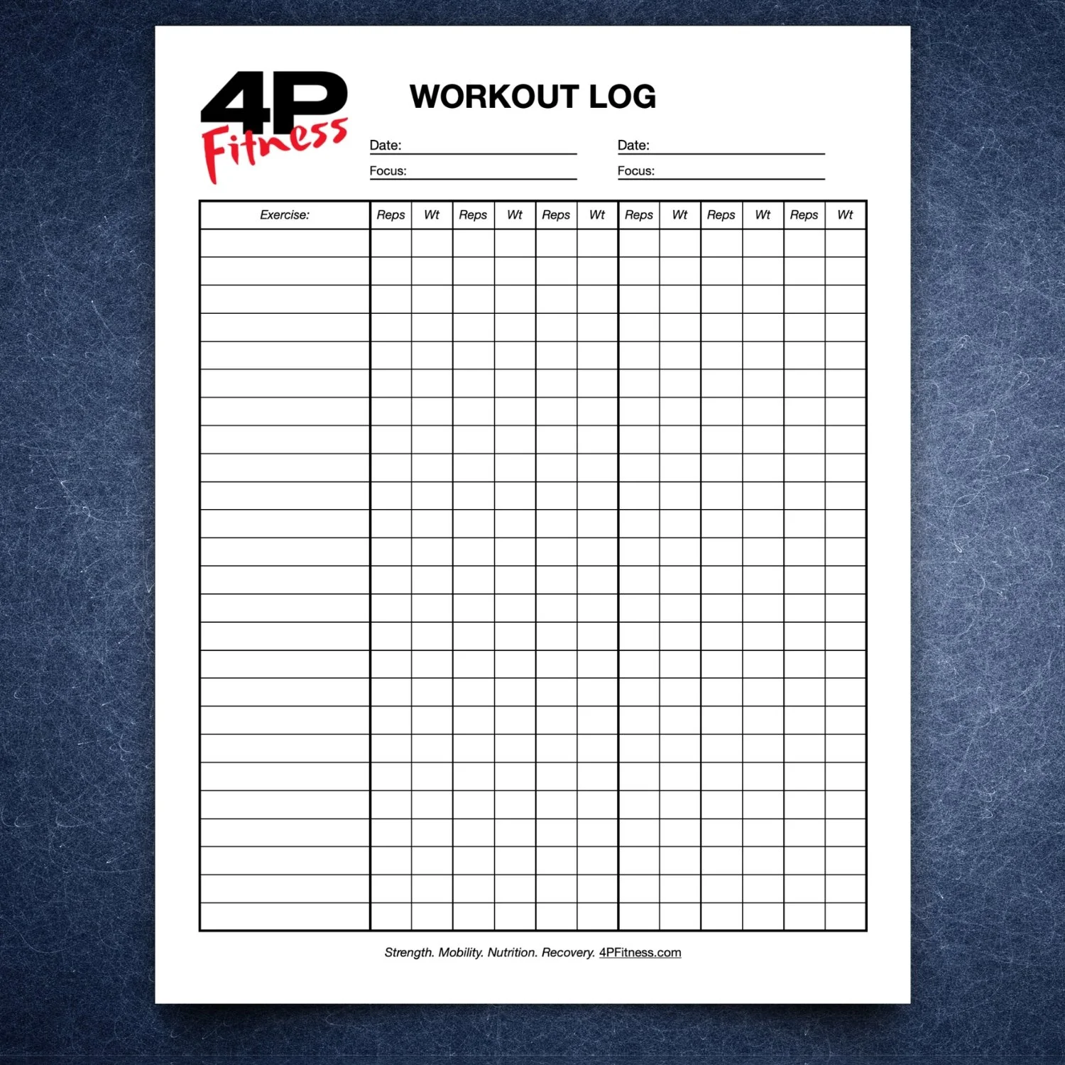 Four Pillar Fitness Workout Log Sheet