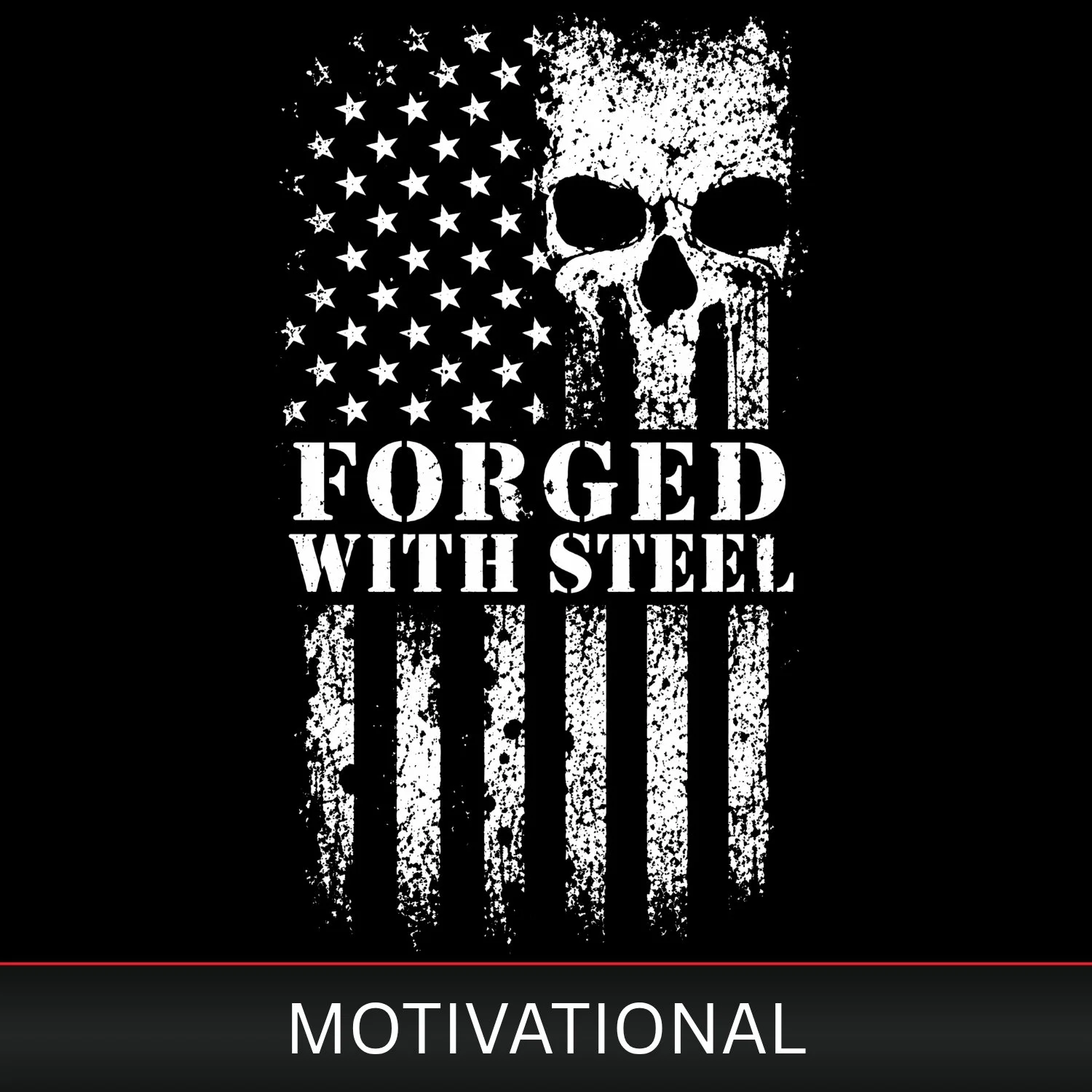 A black background with a distressed American flag design, featuring a skull overlay and the text 'Forged with Steel.' The word 'Motivational' is displayed at the bottom.