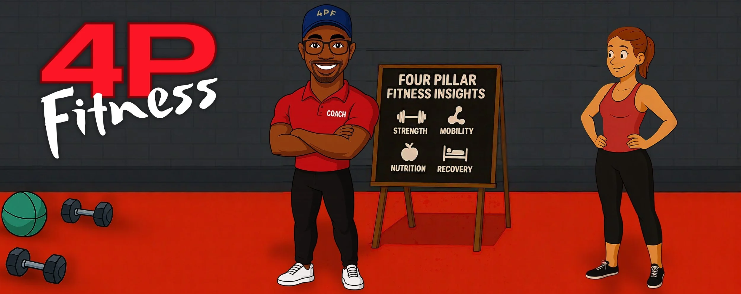 Four Pillar Fitness Insights Banner featuring a 2D illustration of Strength Coach  Stephan Earl