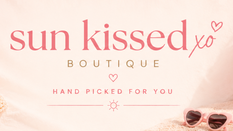 A pastel pink and beige banner for 'Sun Kissed XO Boutique' with the tagline 'Hand Picked for You' and heart and sun icons, with a pair of pink sunglasses with heart-shaped lenses in the bottom right corner.