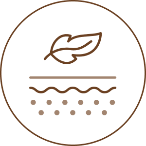Simplified logo with a leaf above three lines and dotted pattern beneath, all in brown on a white background.