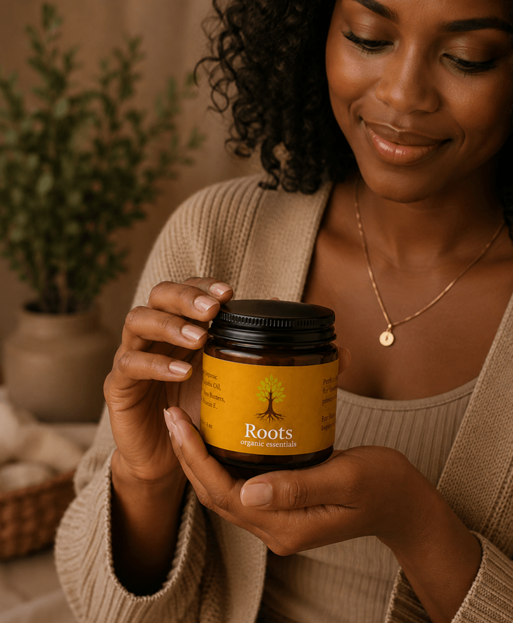 A woman holds a small jar labeled 'Roots organic essentials' with a yellow label, smiling softly, in a cozy indoor setting with a potted plant in the background.