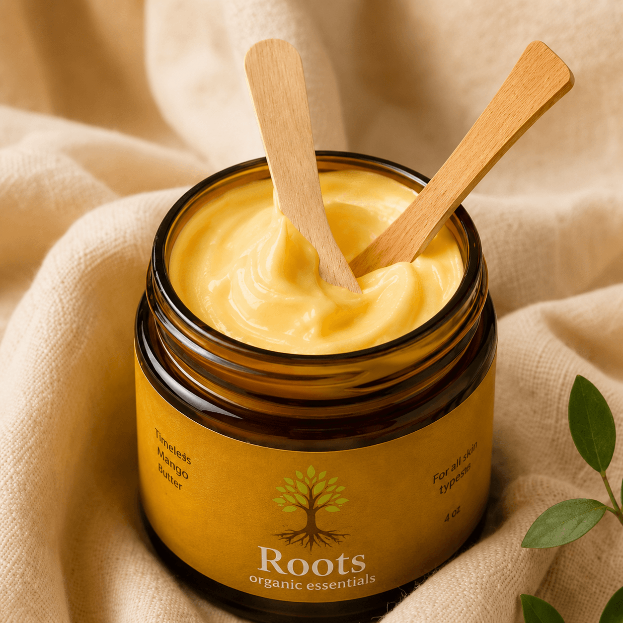 Open jar of yellow organic mango butter with two wooden sticks inside, placed on beige fabric with green leaves.