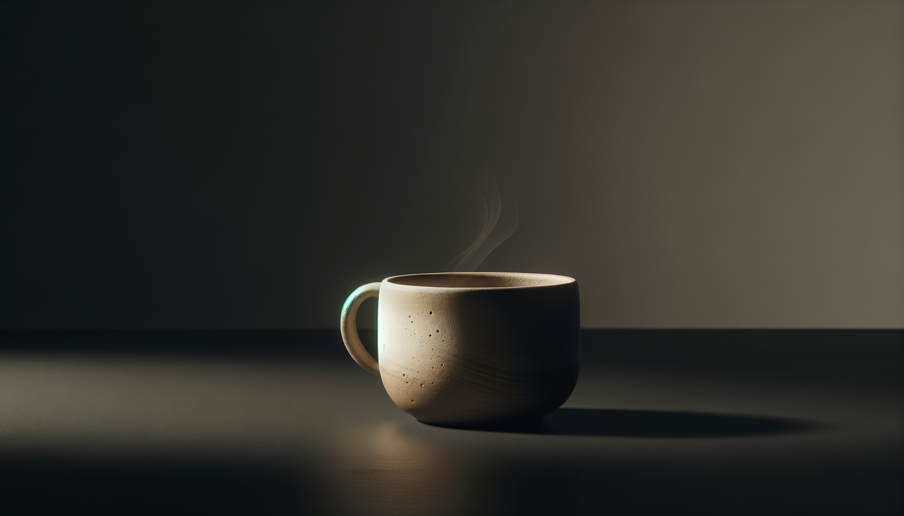 A ceramic mug emitting steam, placed on a flat surface with a dark gray background, illuminated from the left side creating a shadow on the right.