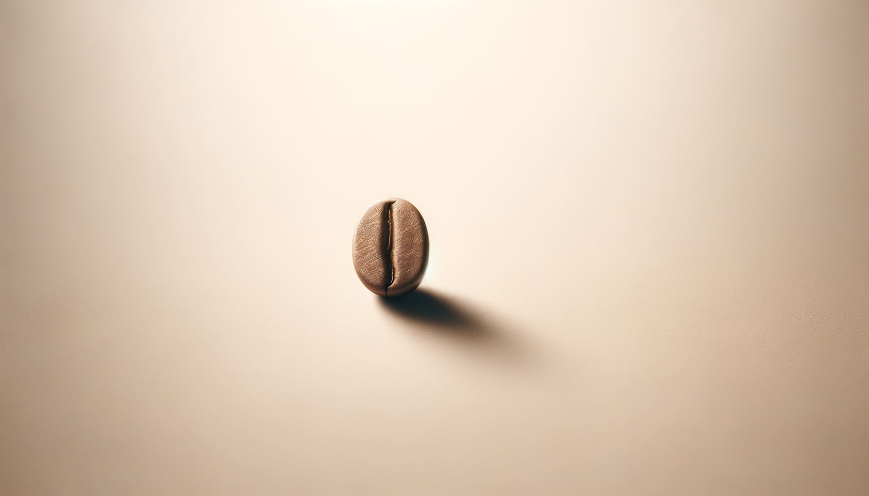 Single brown coffee bean casting a shadow on a beige surface.