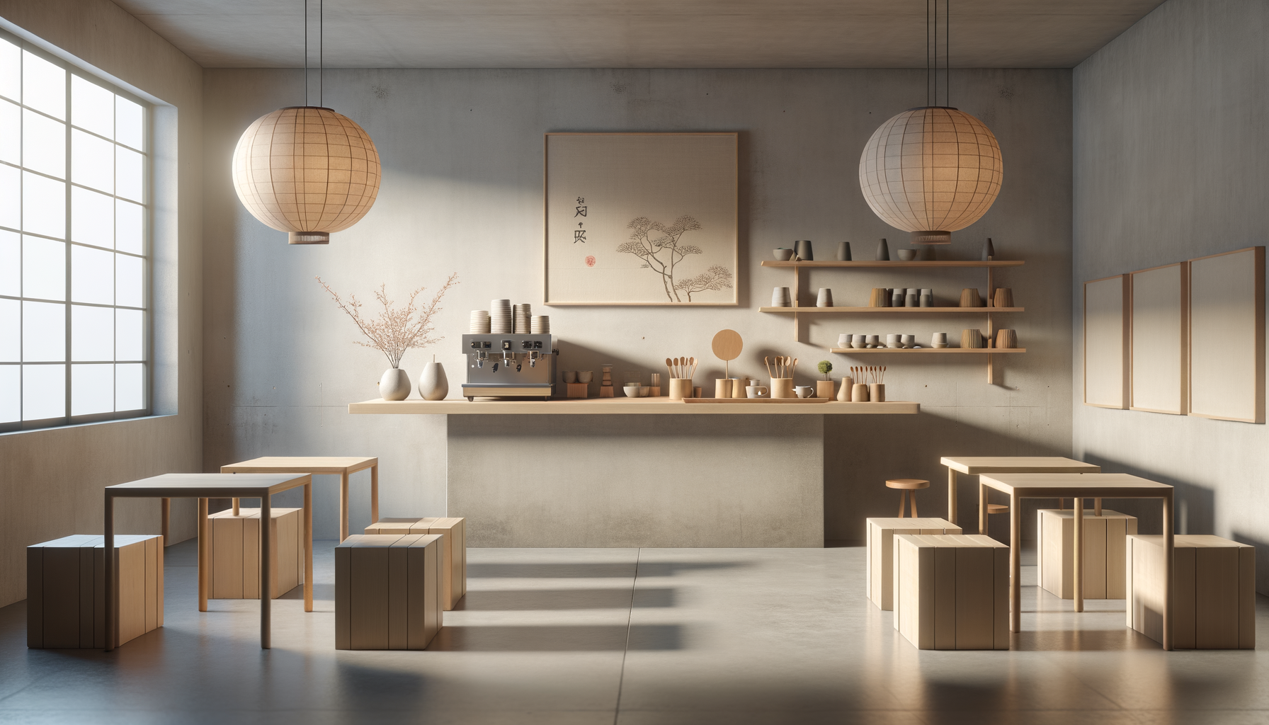 A minimalist coffee shop interior with wooden furniture, hanging paper lanterns, and shelves of cups and bowls. Sunlight streams through a large window.