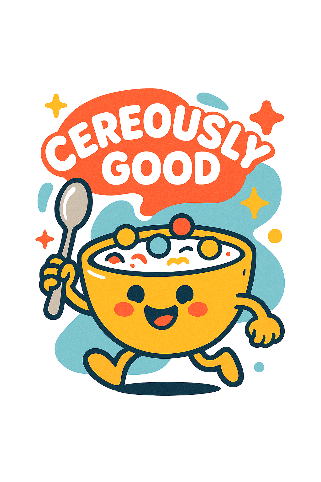 A cartoon bowl of cereal with a smiling face and arms, holding a spoon, with the text "CEREOUSLY GOOD" in a speech bubble above.