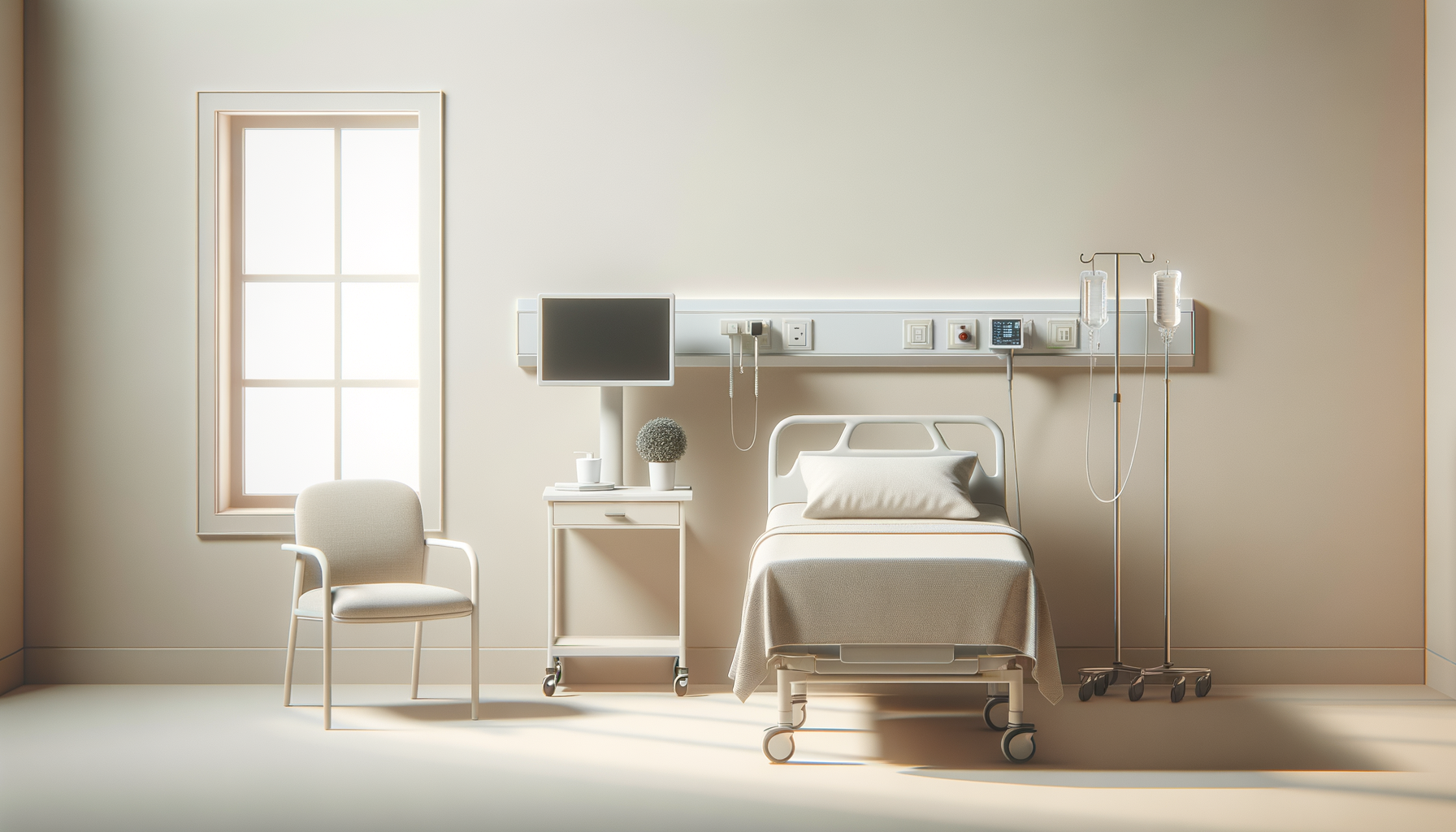 A hospital room with a bed, a chair, a window, and medical equipment including IV bags and monitors.