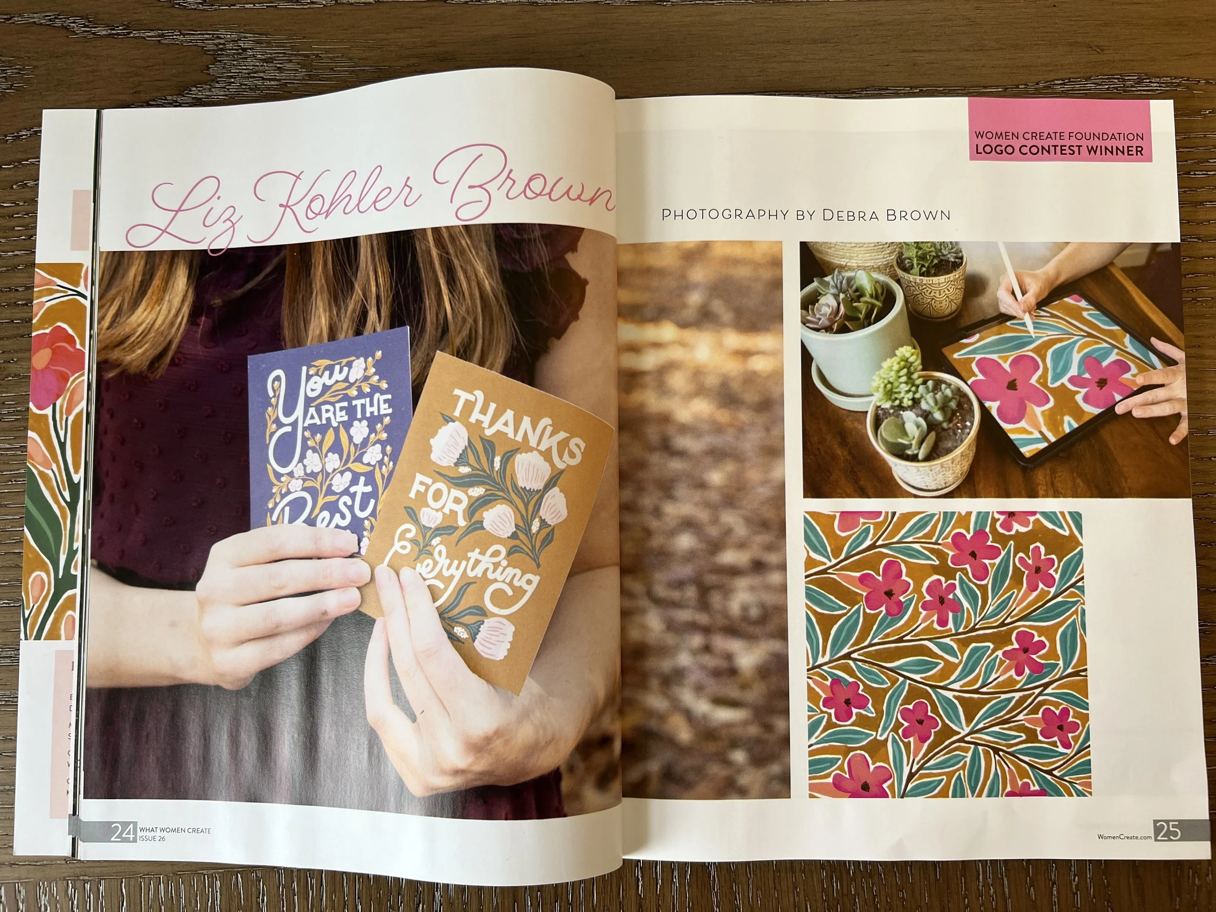 Open magazine showing pages with images of potted plants, colorful floral artwork, and a person holding greeting cards with floral designs.