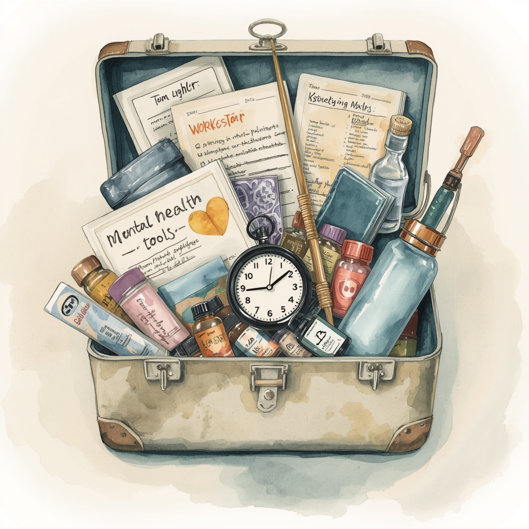 Tool box filled with planners, timers, medications, supplements, essential oils, worksheets water bottle
