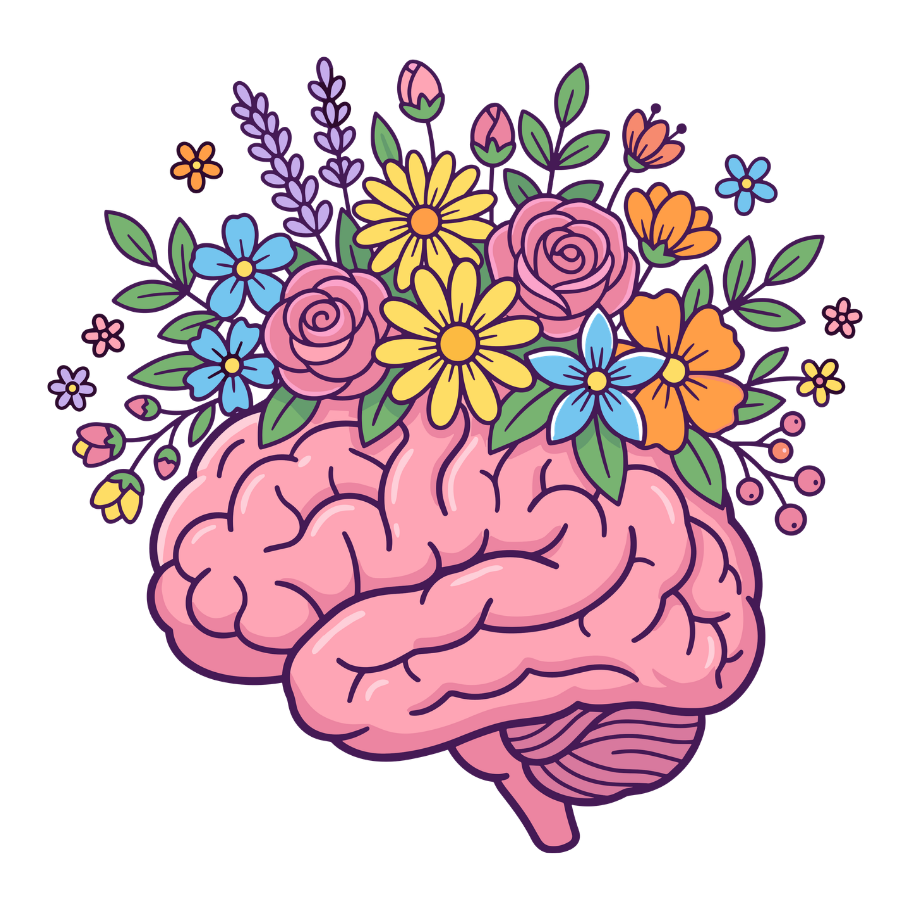 Illustration of a pink human brain with colorful flowers blooming from the top, including roses, daisies, and other small flowers, symbolizing creativity or mental wellness.