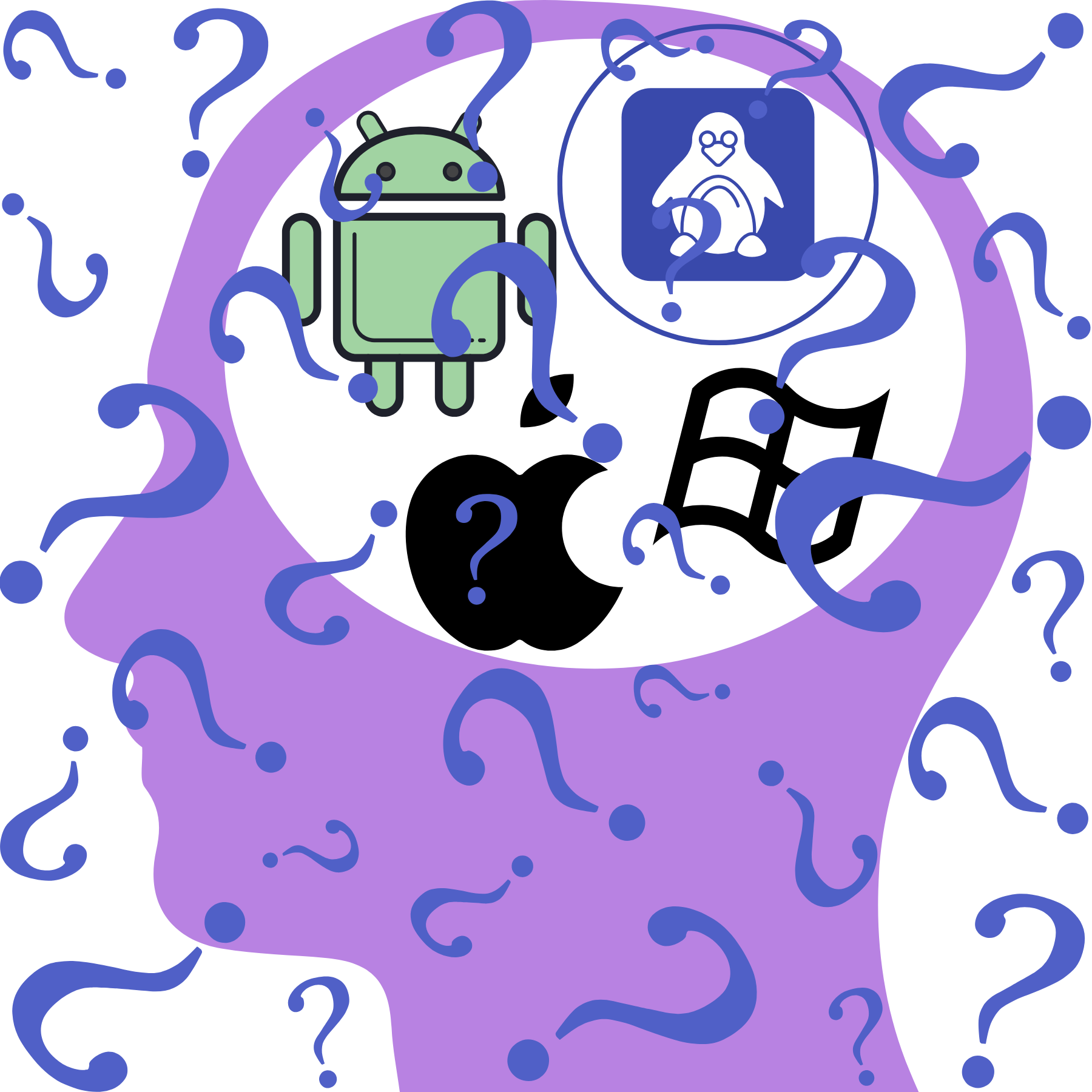 heaD in profile with the icons for different operating systems showing where the brain would be with question marks scattered around.  What is your operating system?