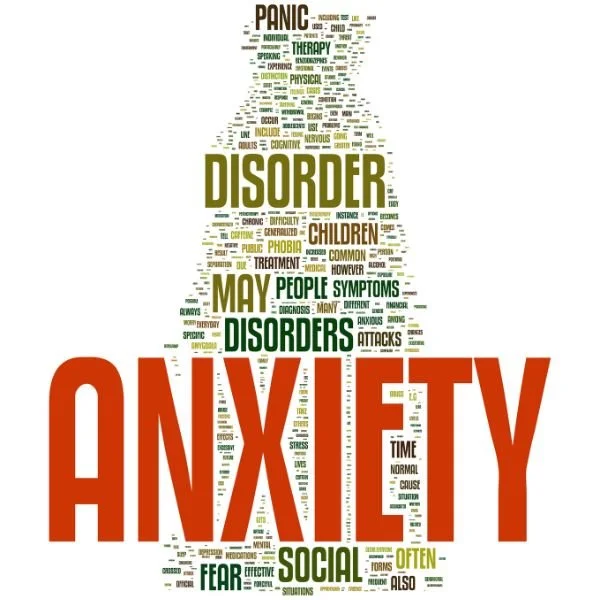 Word cloud in the shape of a medical bottle with the large word 'ANXIETY' in red, surrounded by words related to mental health, disorders, symptoms, and social factors.