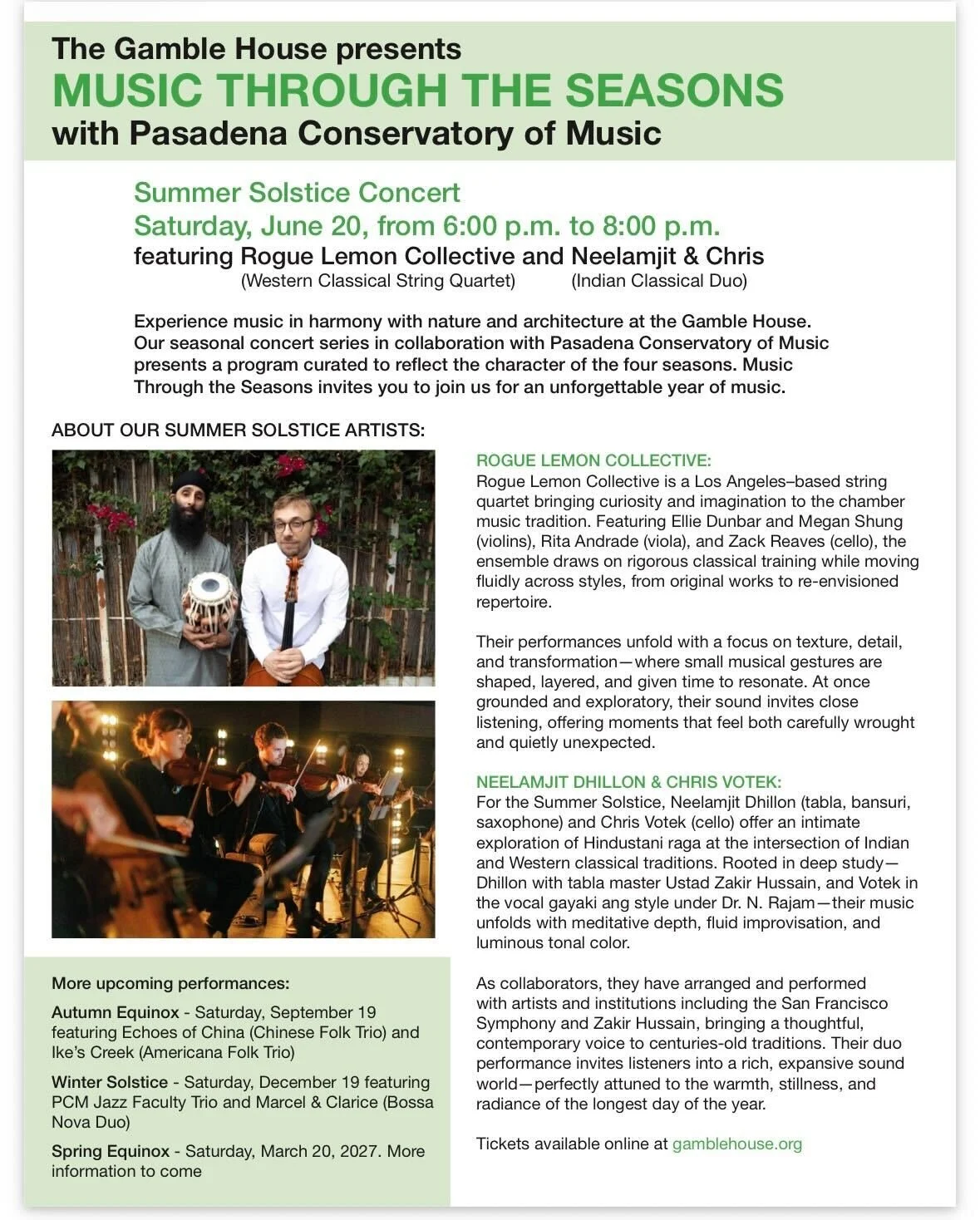 Bridge to Everywhere Members Chris Votek and Neelamjit Dhillon in The Gamble House presents: MUSIC THROUGH THE SEASONS