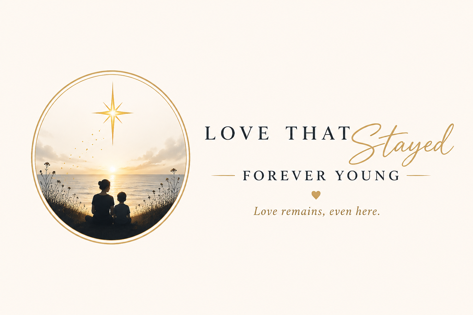 Silhouette of a woman and a child sitting on a grassy hill watching a sunset over the ocean, with a golden star and sparkles above them. Text reads 'Love that stayed forever young. Love remains, even here.'