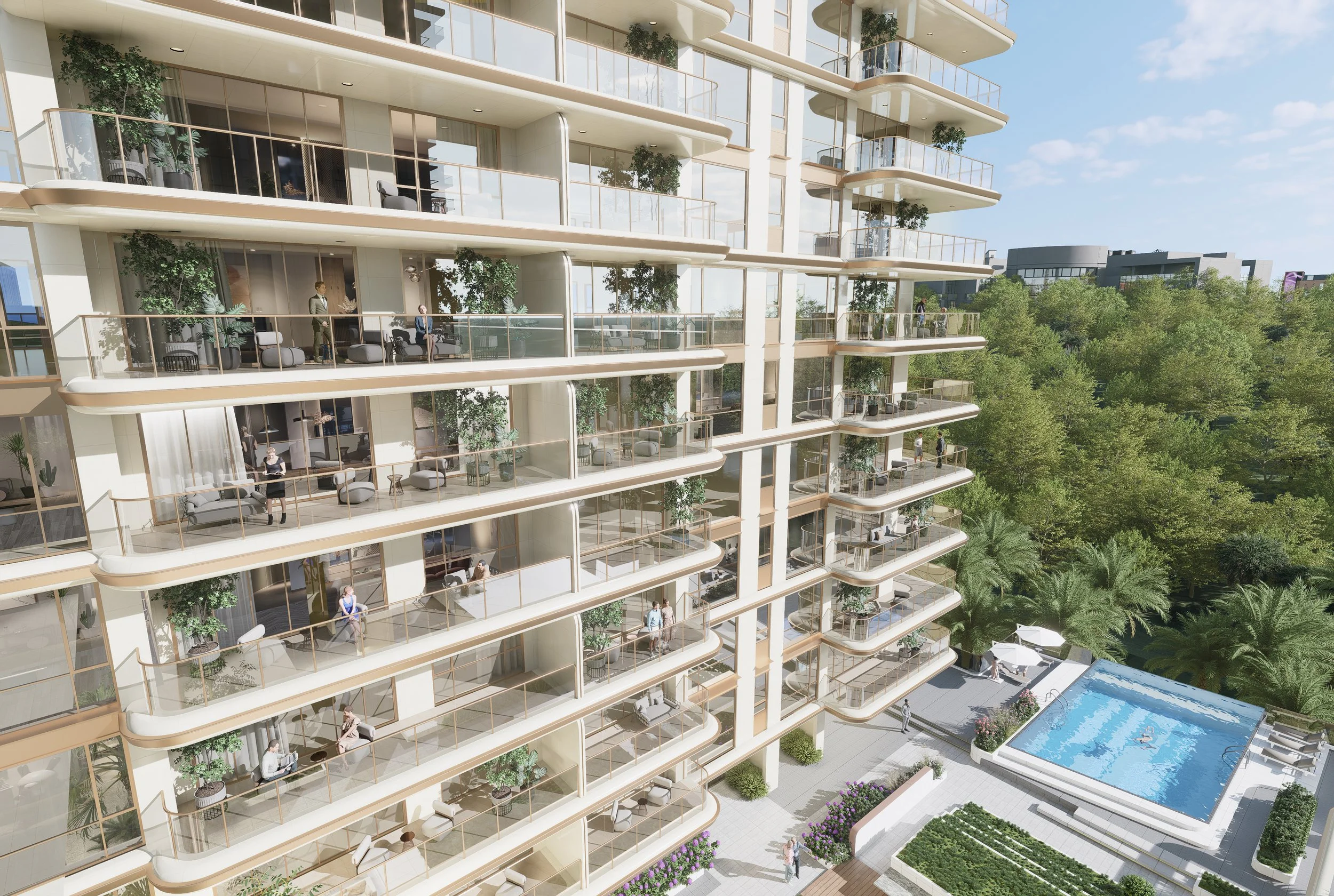 Exterior view of a modern high-rise residential building with glass balconies, trees, a swimming pool, and people walking around outdoors.