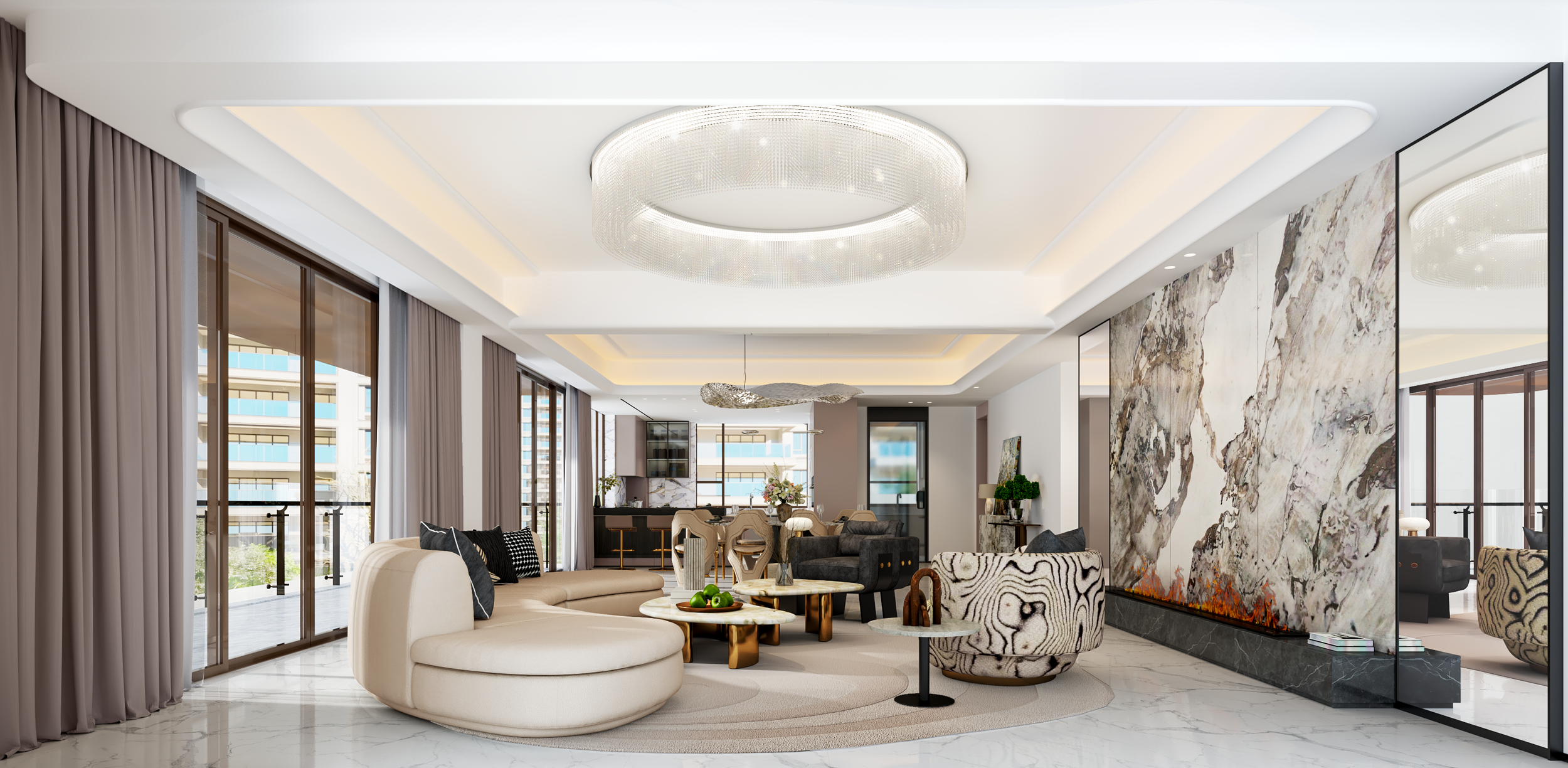 Modern living room with large windows, white marble floor, beige and patterned furniture, a large abstract wall art, and a circular chandelier.