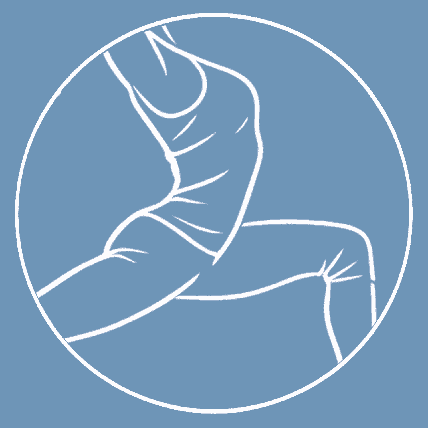 Line drawing of a person flexing their arm, within a circular frame, on a blue background.