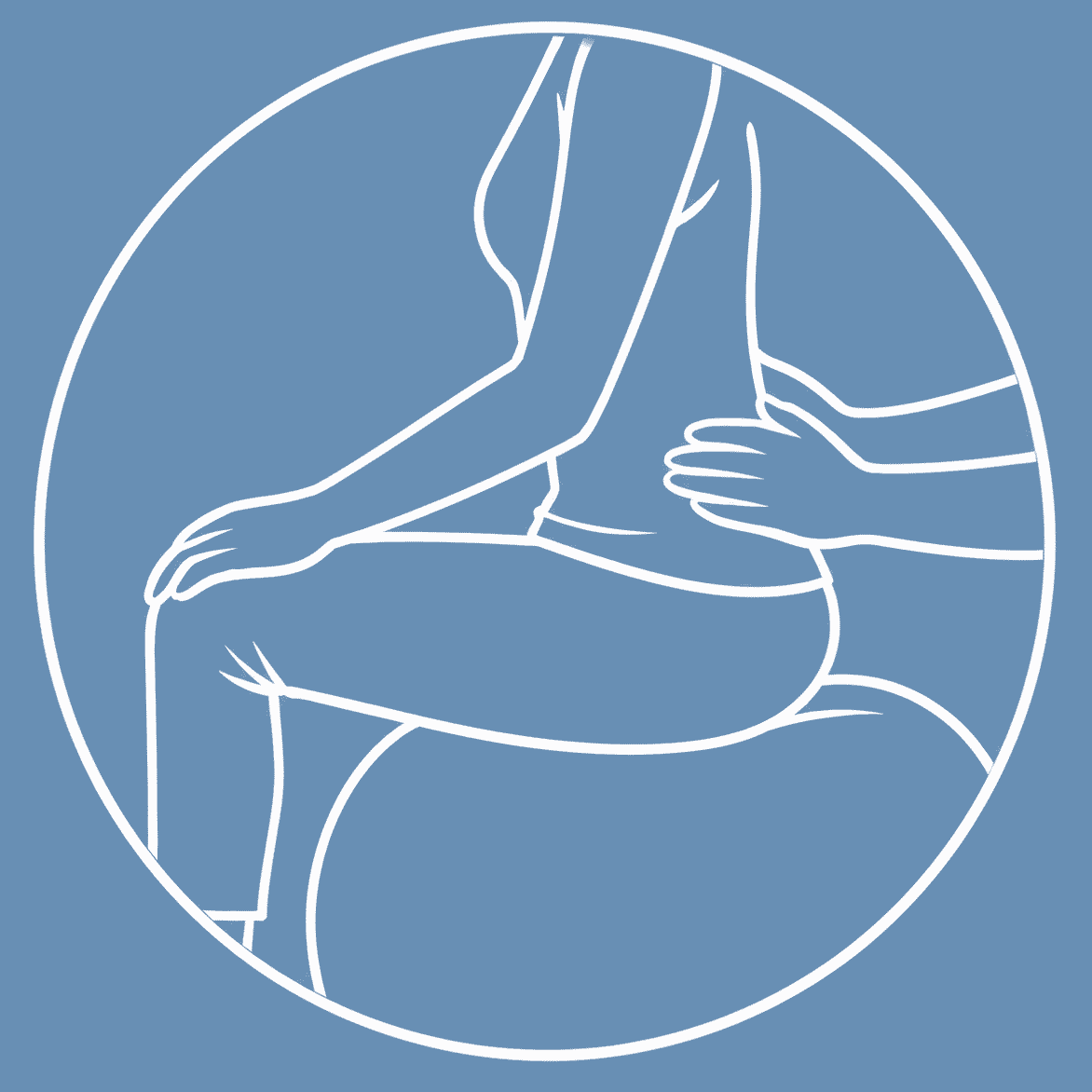 Line drawing of a person receiving a massage on their back, with hands applying pressure, within a circle on a blue background.