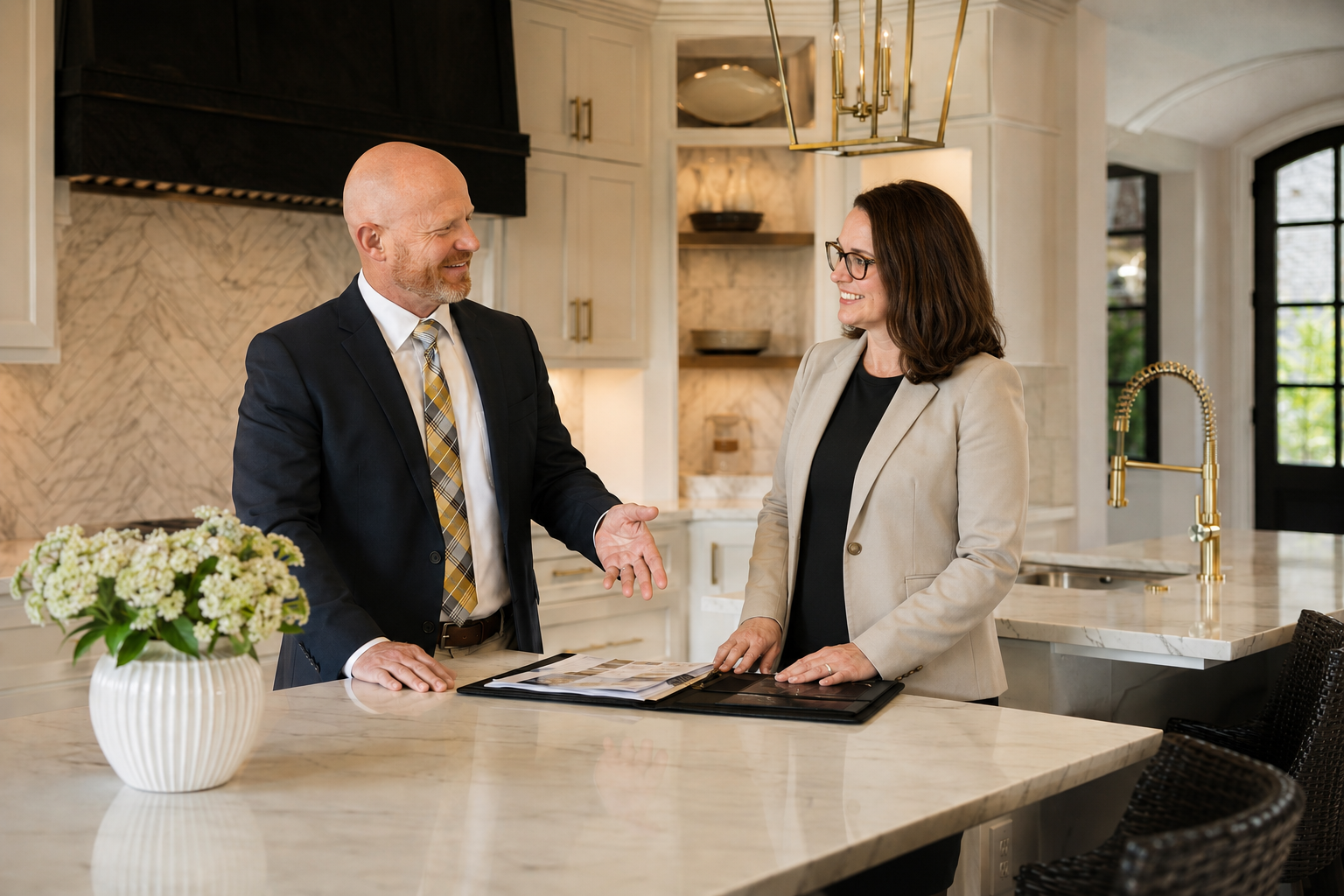 McKinney Texas Realtors providing strategic real estate guidance during a client consultation in a luxury home kitchen