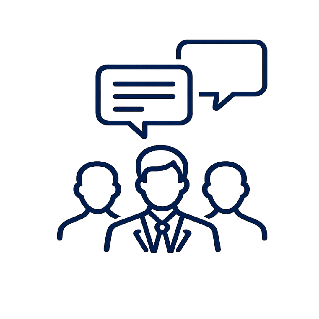Consultation icon with real estate agent and buyers discussing the home buying process