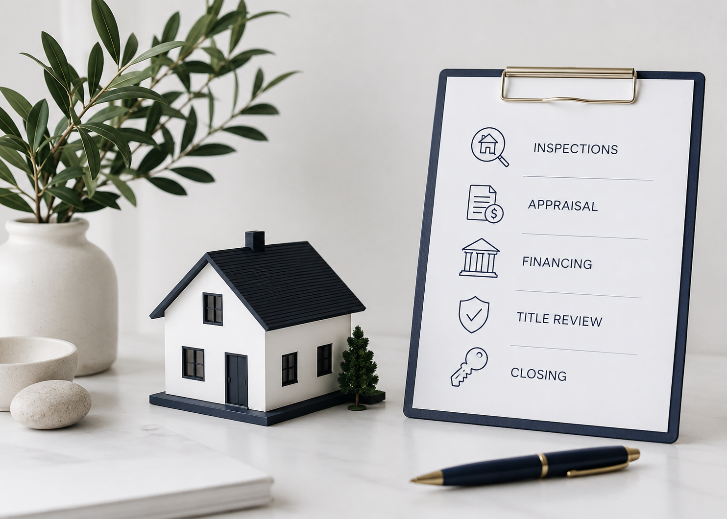 Home selling transaction image with contract checklist, inspections, appraisal, financing, title review, and closing process elements