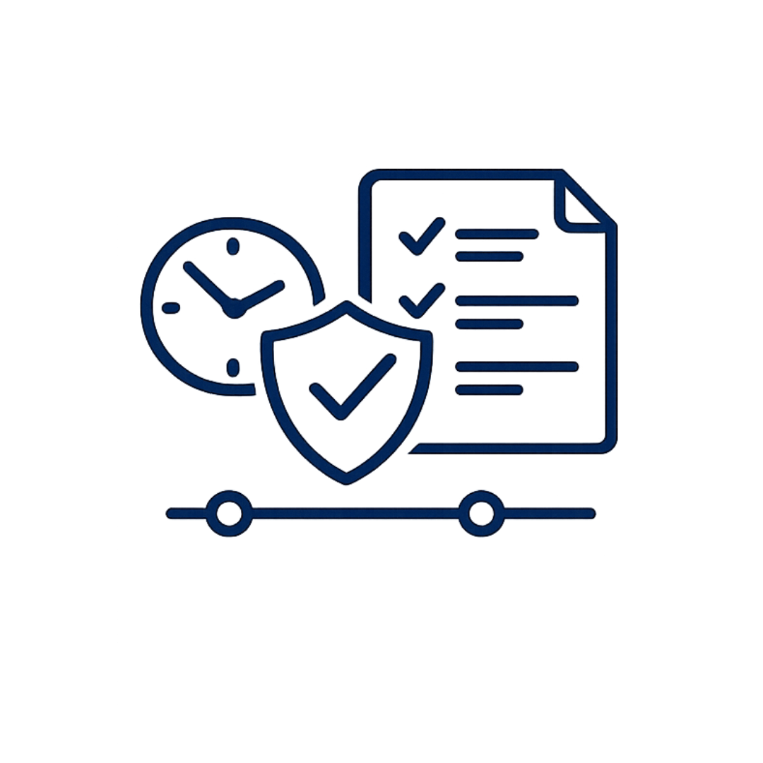 Timeline, checklist, and shield icon representing guidance through the real estate contract and escrow process