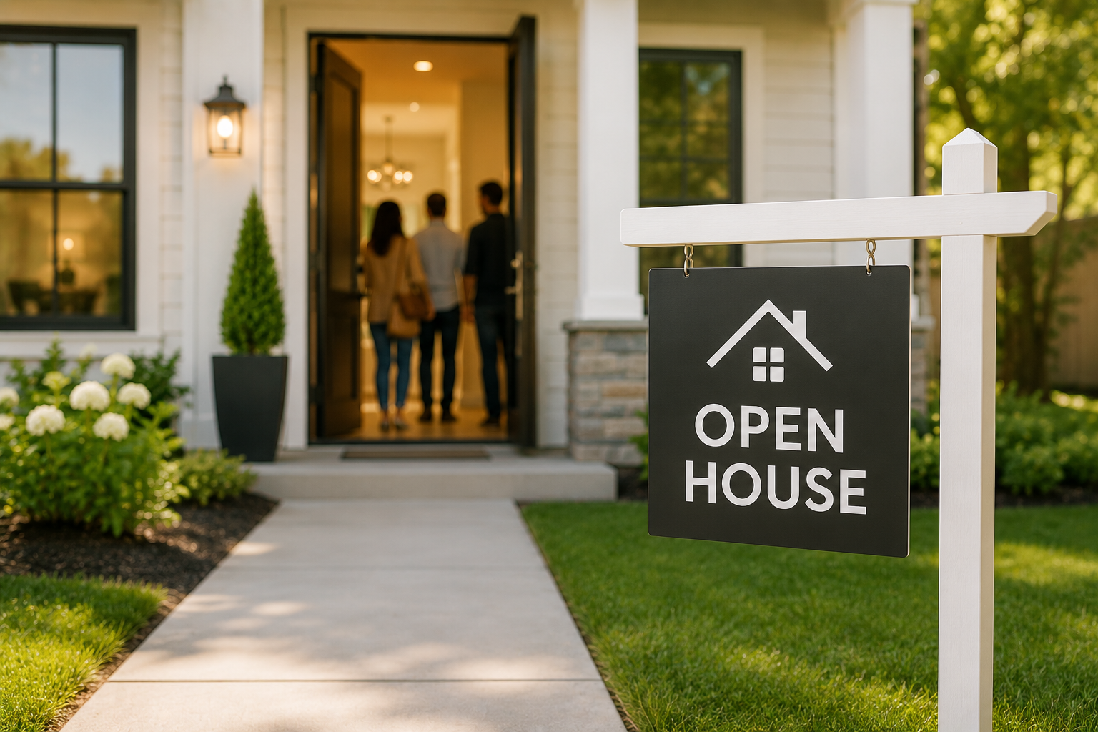Open house sign outside a modern home with buyers entering the property during a real estate showing