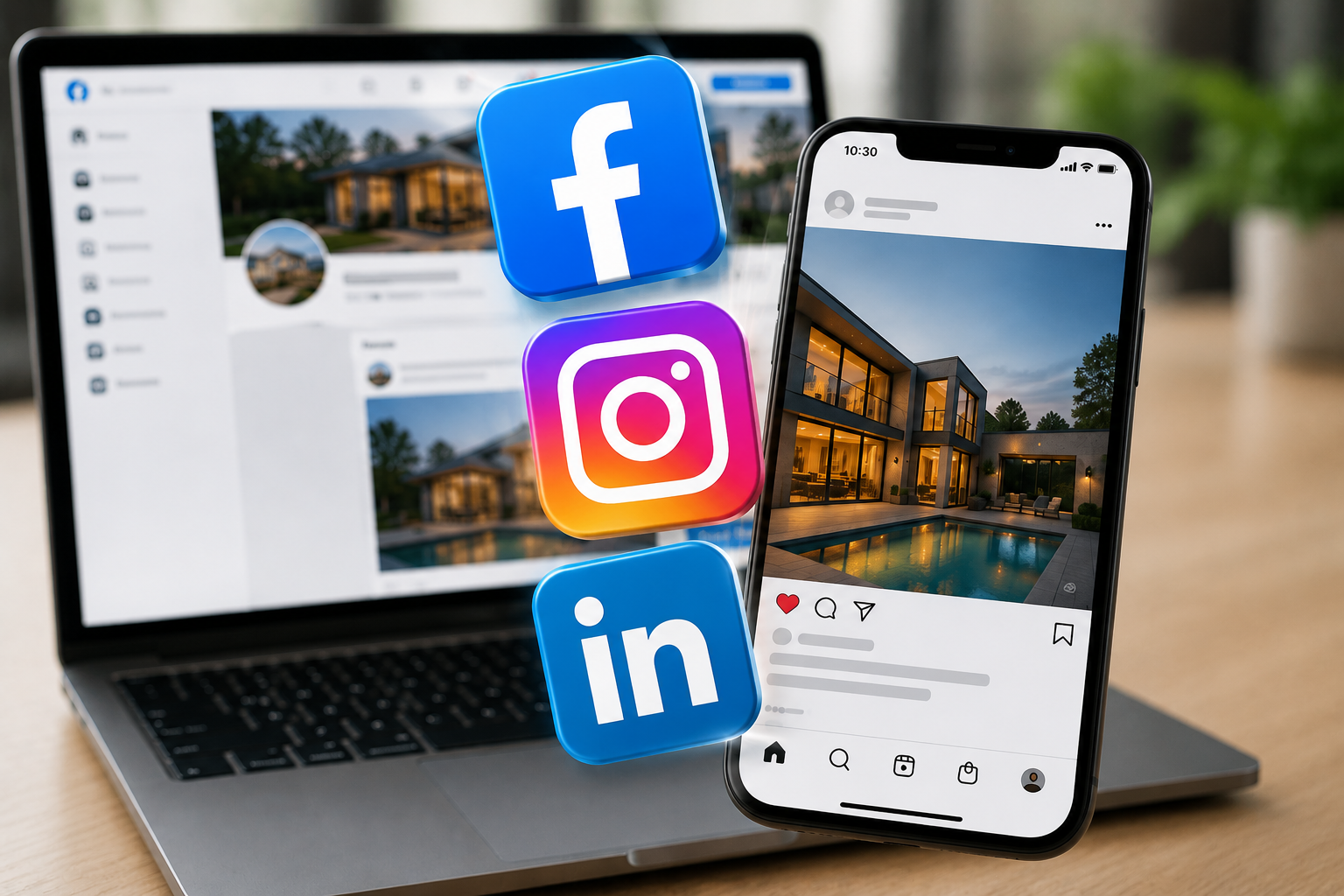 Social media marketing image featuring real estate advertising across Facebook, Instagram, and LinkedIn platforms