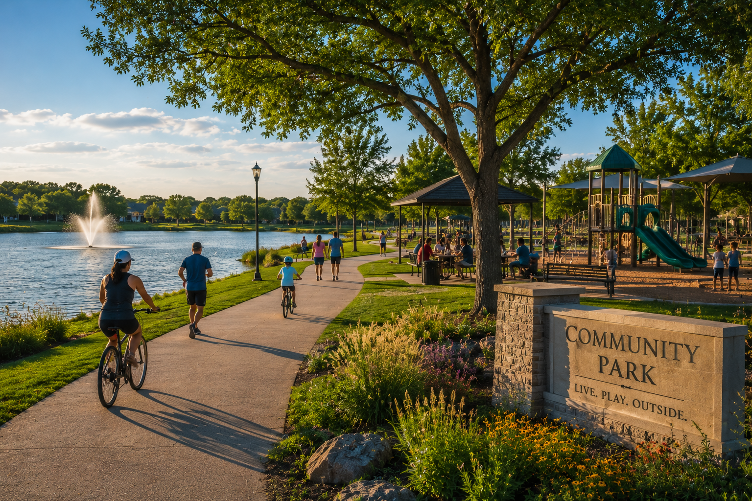 North Dallas community park with walking trails, playgrounds, outdoor recreation, and lakeside amenities
