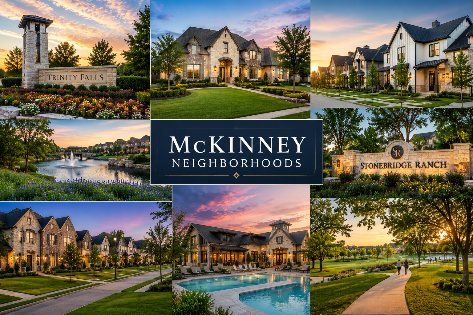 Collage showcasing popular McKinney, Texas neighborhoods featuring luxury homes, master-planned communities, landscaped entrances, resort-style amenities, parks, walking trails, and upscale residential living.