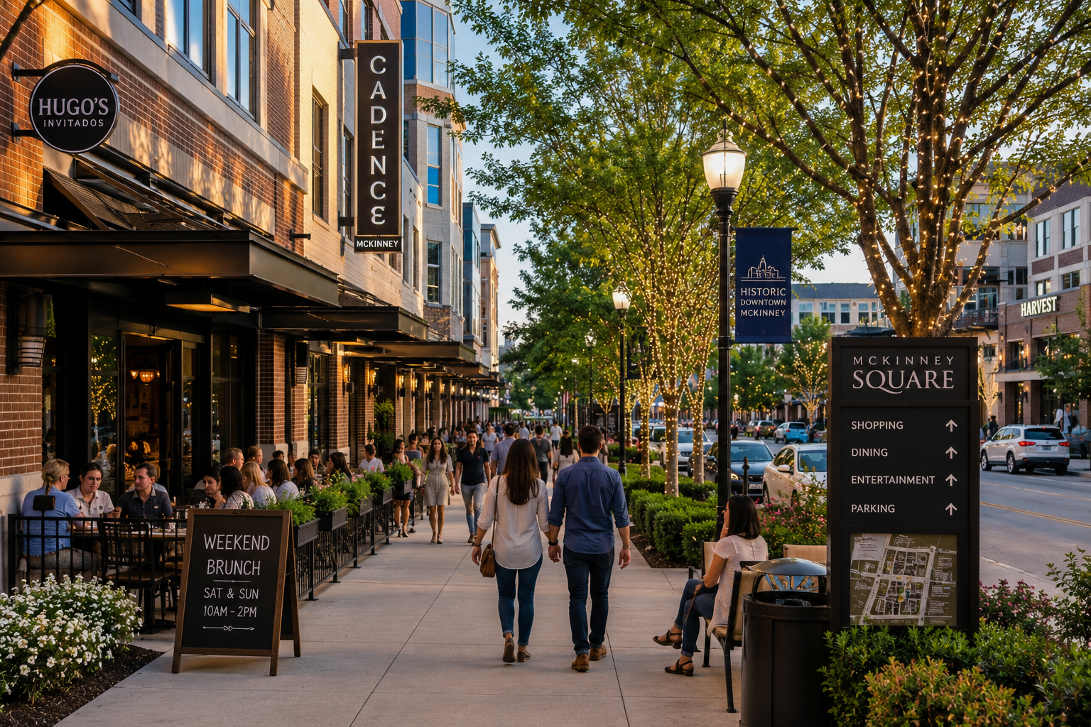 Walkable lifestyle district in North Dallas Texas with restaurants, shopping, outdoor dining, and pedestrian-friendly streets