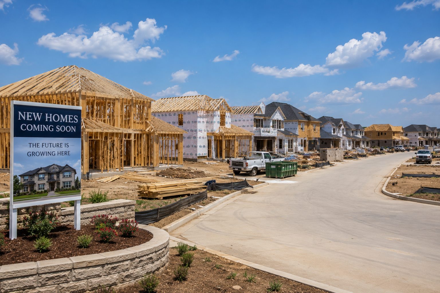 New construction neighborhood in North Texas with homes under development and expanding suburban communities