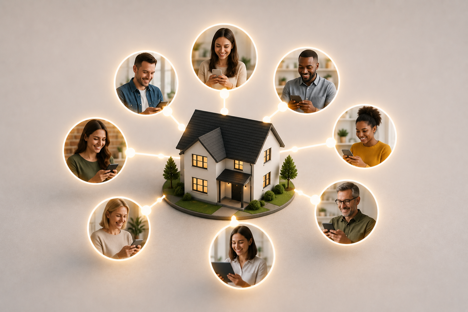 Buyer network exposure concept featuring a home connected to multiple potential buyers through digital real estate marketing