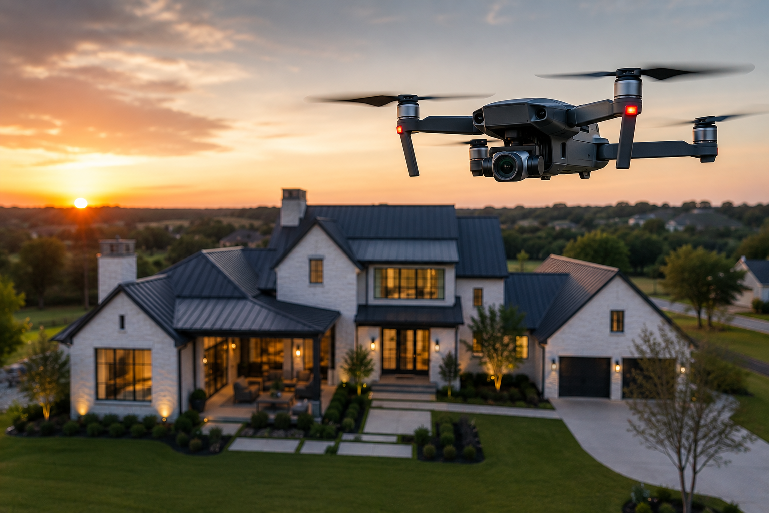 Drone capturing cinematic aerial video footage of a luxury North Dallas home for real estate marketing