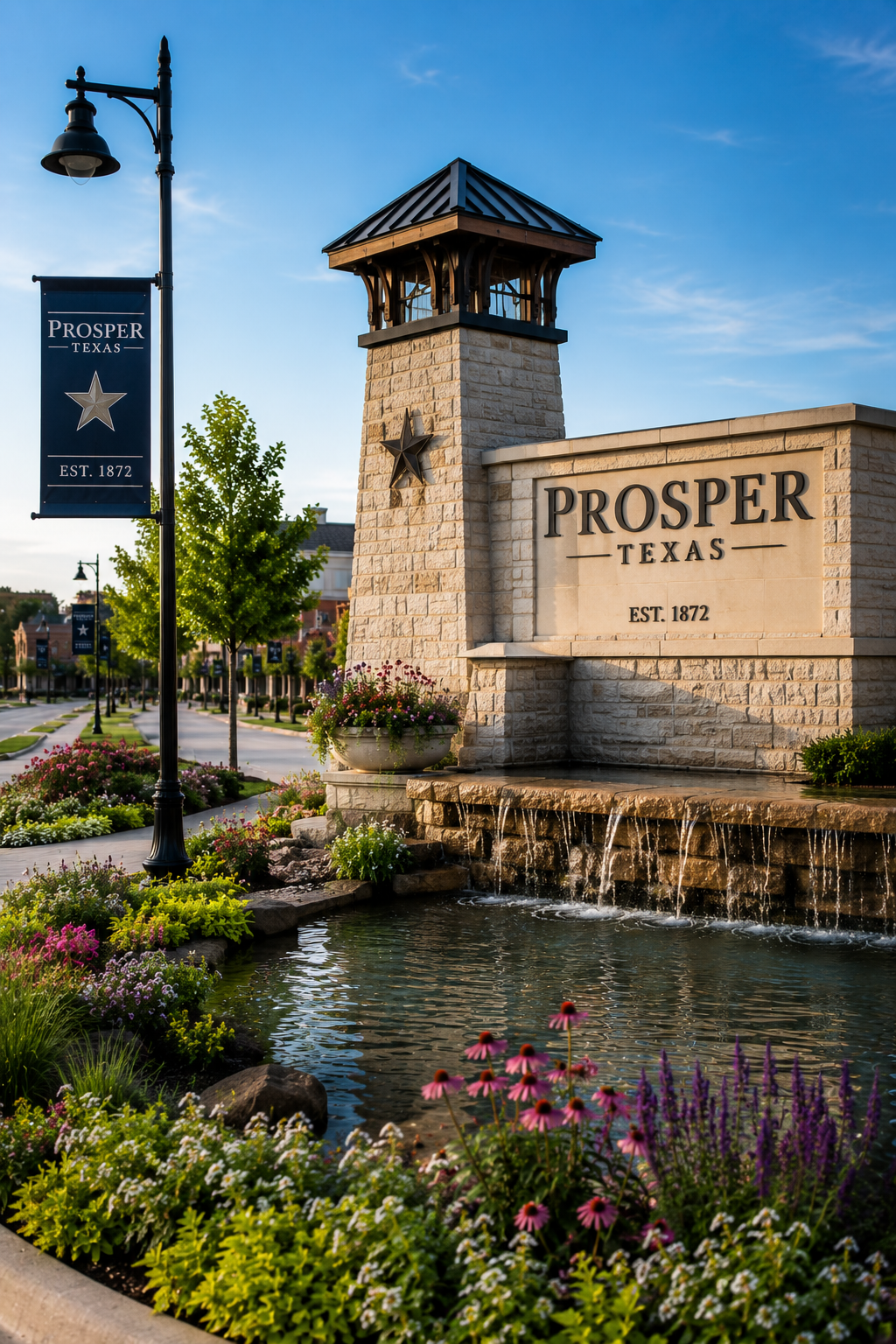 Prosper Texas community entrance featuring upscale landscaping and suburban North Dallas living