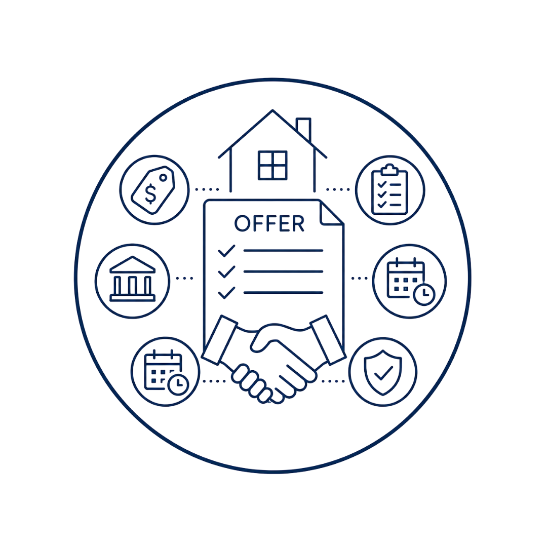 Real estate offer negotiation icon representing pricing review, financing evaluation, timelines, contingencies, and contract terms