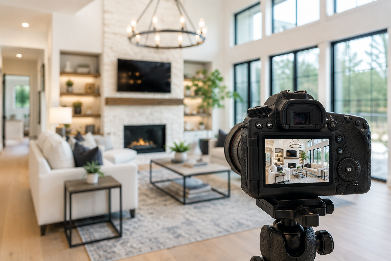 Professional real estate photography session capturing a staged luxury living room for home marketing