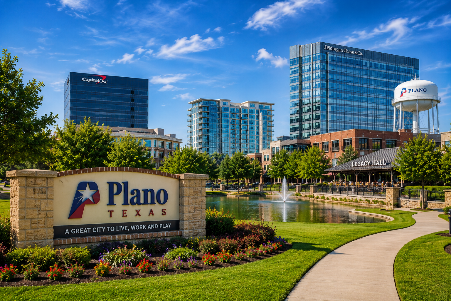 Legacy West and modern community lifestyle in Plano Texas featuring parks, corporate campuses, and upscale amenities