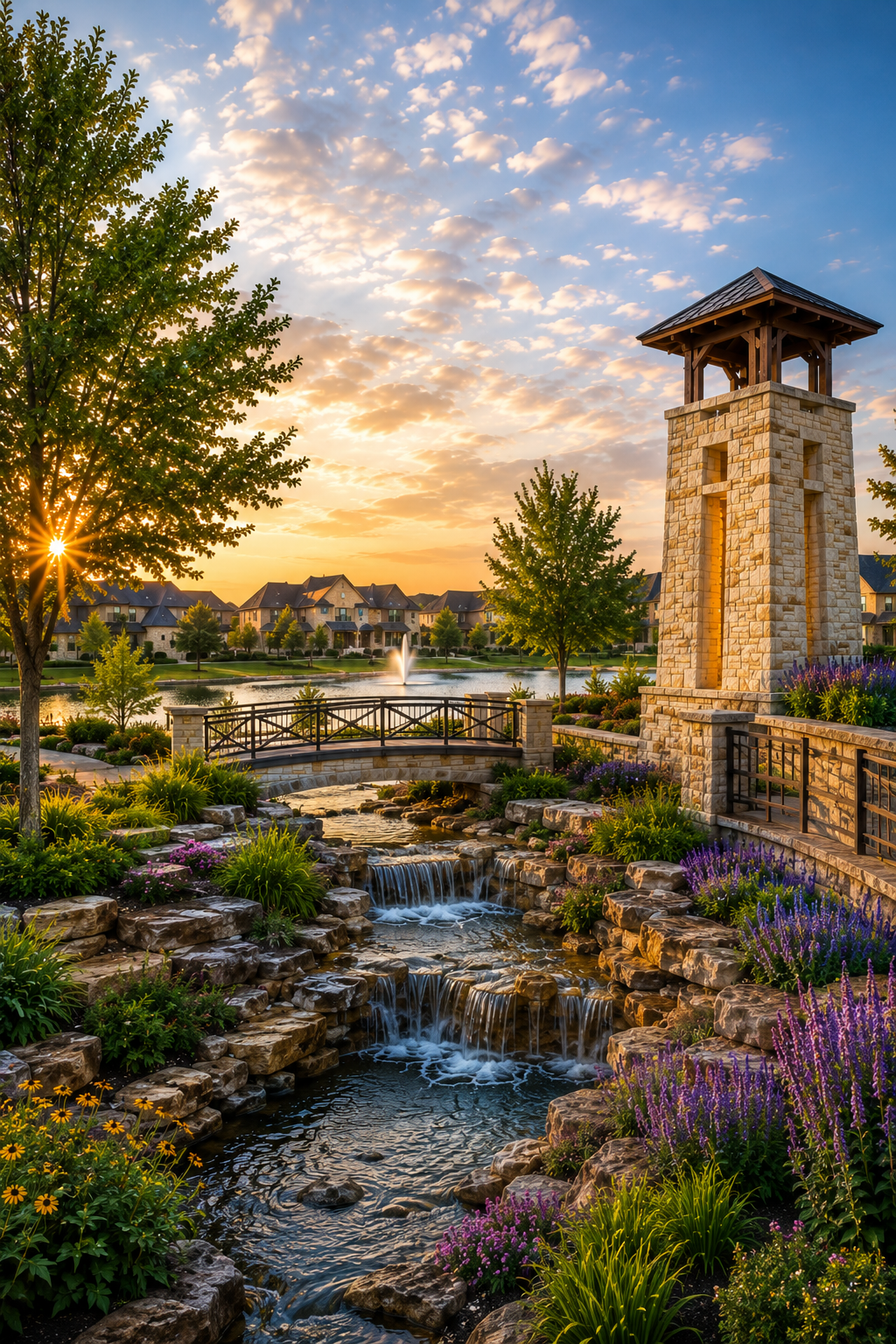 Scenic sunset view of Trinity Falls in McKinney, Texas featuring landscaped waterfalls, stone bridges, walking paths, community lake views, and upscale master-planned neighborhood homes.
