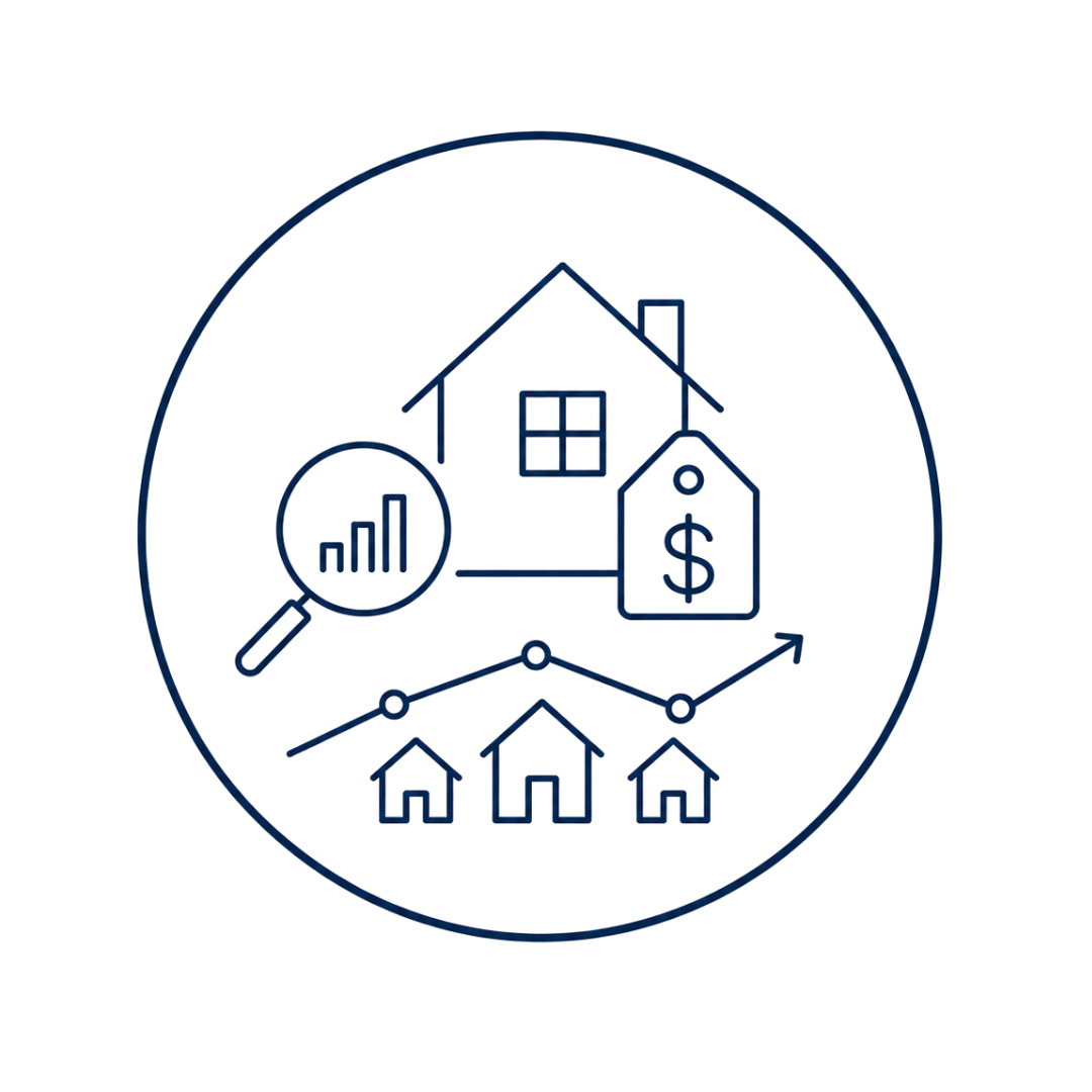 Real estate pricing strategy icon with market analysis, comparable sales, pricing trends, and home valuation symbols