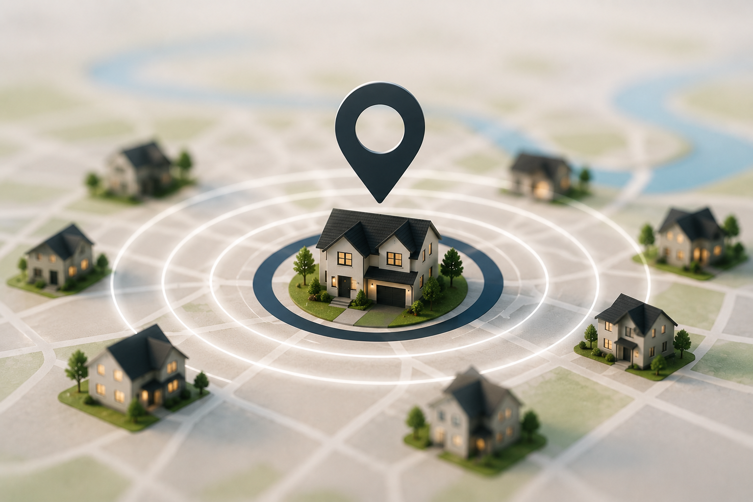 Community targeted real estate marketing image featuring a highlighted home within a neighborhood map and location targeting concept