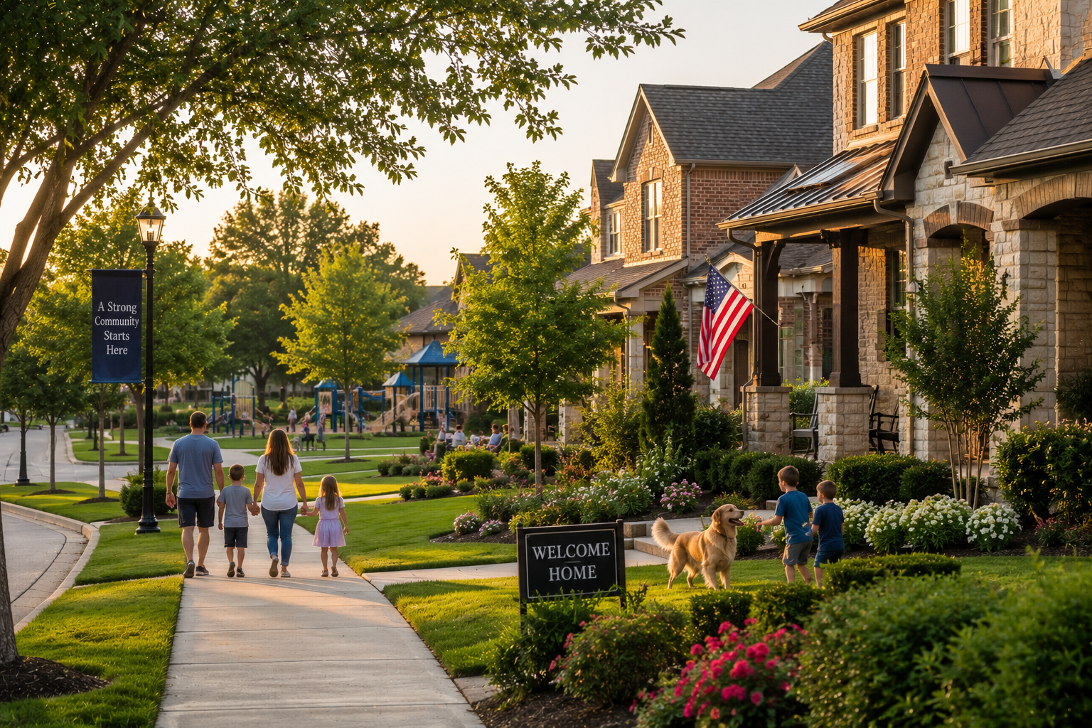 Community-oriented neighborhood in North Dallas Texas with walking trails, parks, and suburban homes