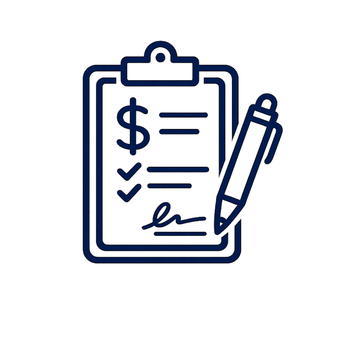 Clipboard and contract icon with pen representing submitting a real estate offer during the home buying process