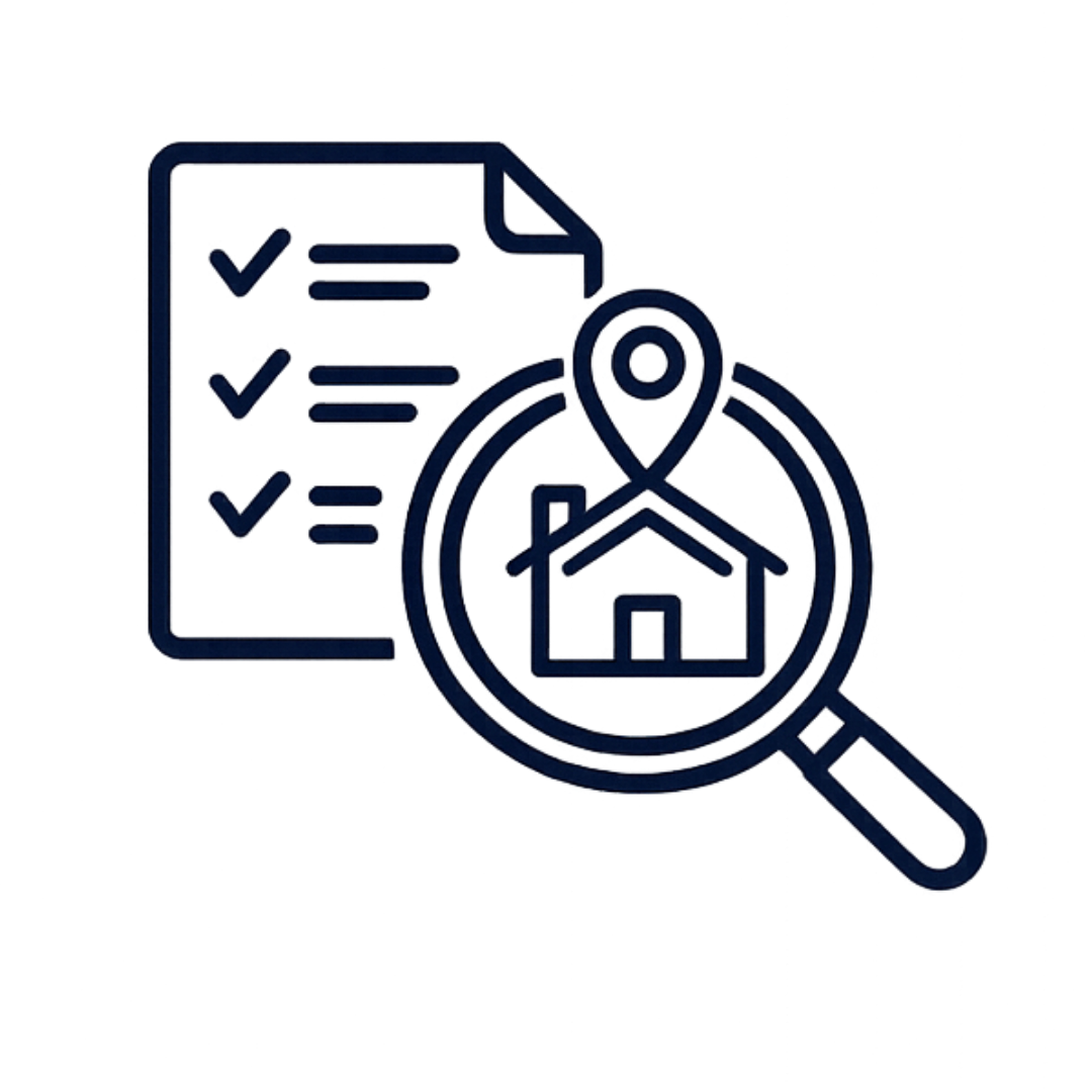 Home search icon with checklist and magnifying glass representing buyer search criteria