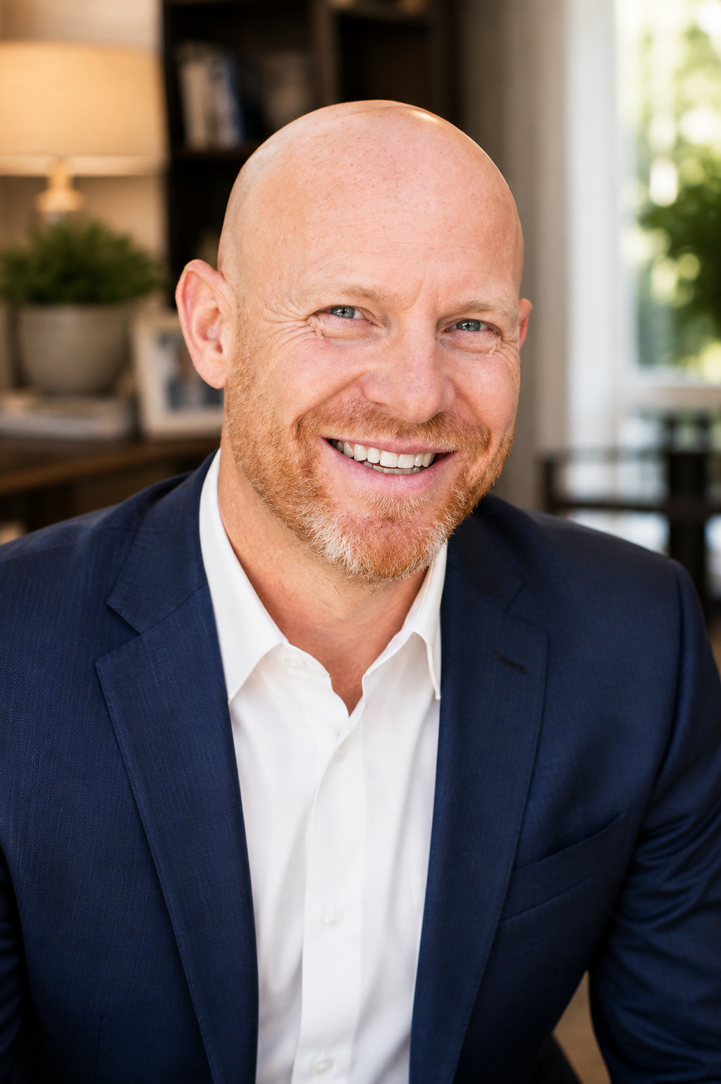 Professional headshot of North Dallas Realtor Roland Brown in a modern indoor setting wearing a navy suit jacket